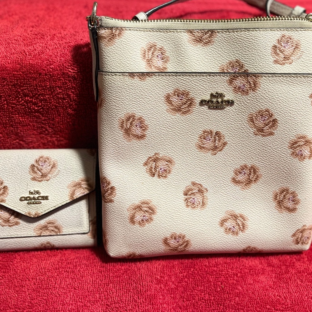 Coach messenger crossbody and matching wallet in Rose print